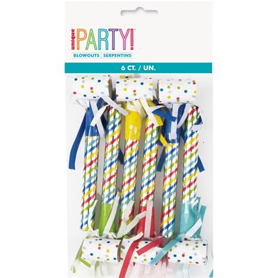 Rainbow Striped & Dotted Metallic Blowouts - 6 Pcs Pak