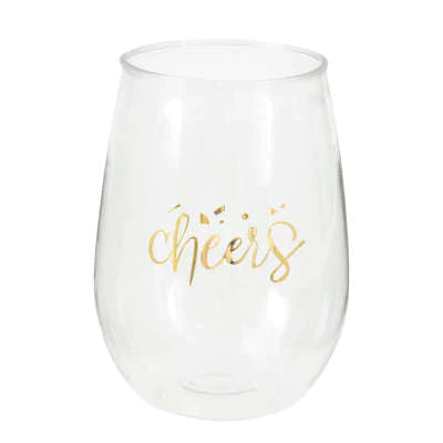 Gold Cheers Plastic Stemless Wine Glass 15 Oz