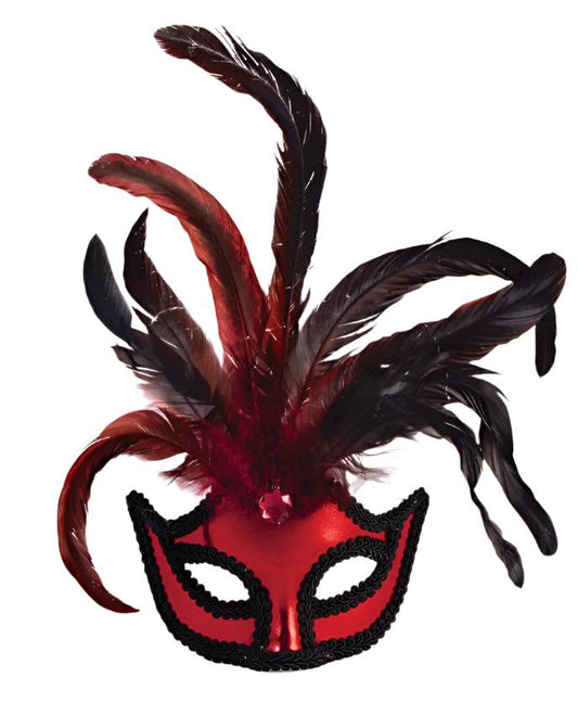 Red Half Mask With Feathers