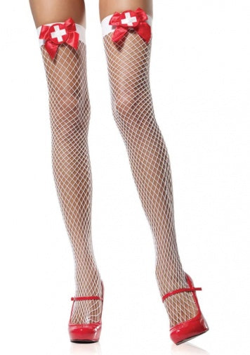 Industrial Net Thigh Highs With Contrast Satin Bow And Nurse Badge Applique
